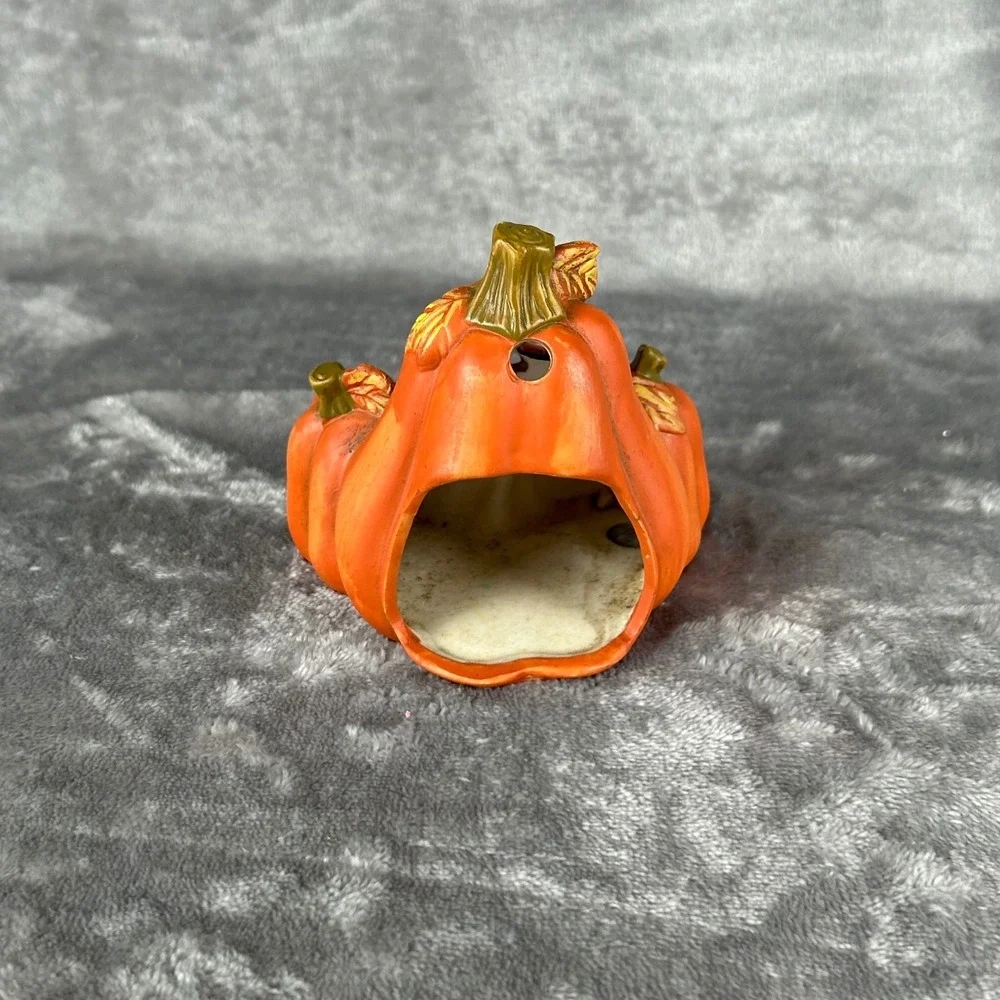 Vintage Halloween Ceramic Stacked Pumpkin Trio Tea Light Holder Jack-O-Lantern